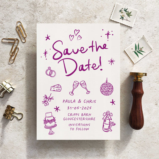 Wedding Doodles Party Hand-Drawn Save The Date Card