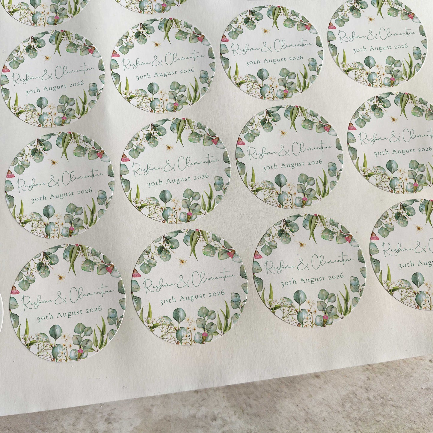 Eucalyptus Greenery and Gypsophila Personalised Name and Date Stickers (35 stickers)