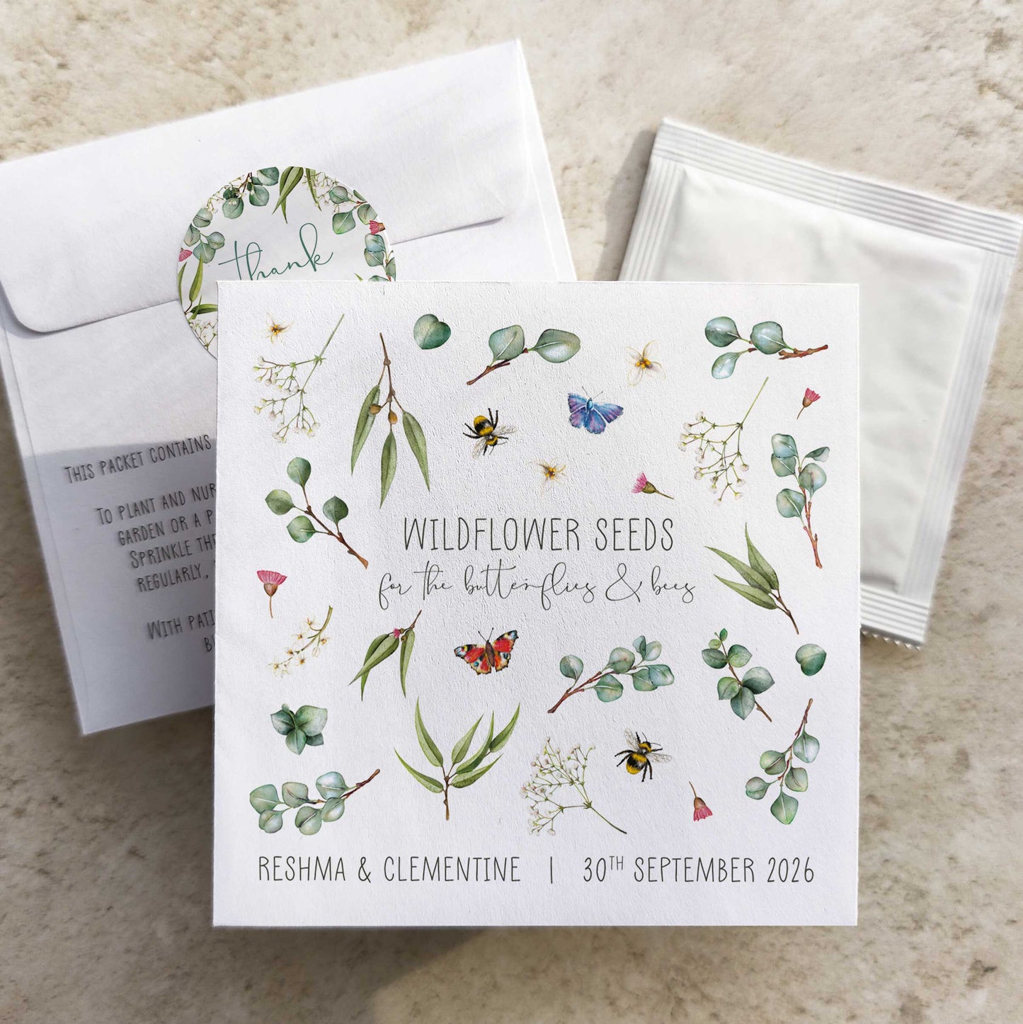 Eucalyptus Greenery and Gypsophila Wildflowers Seed Packet Favours (Butterflies and bees) (Pack of 10)