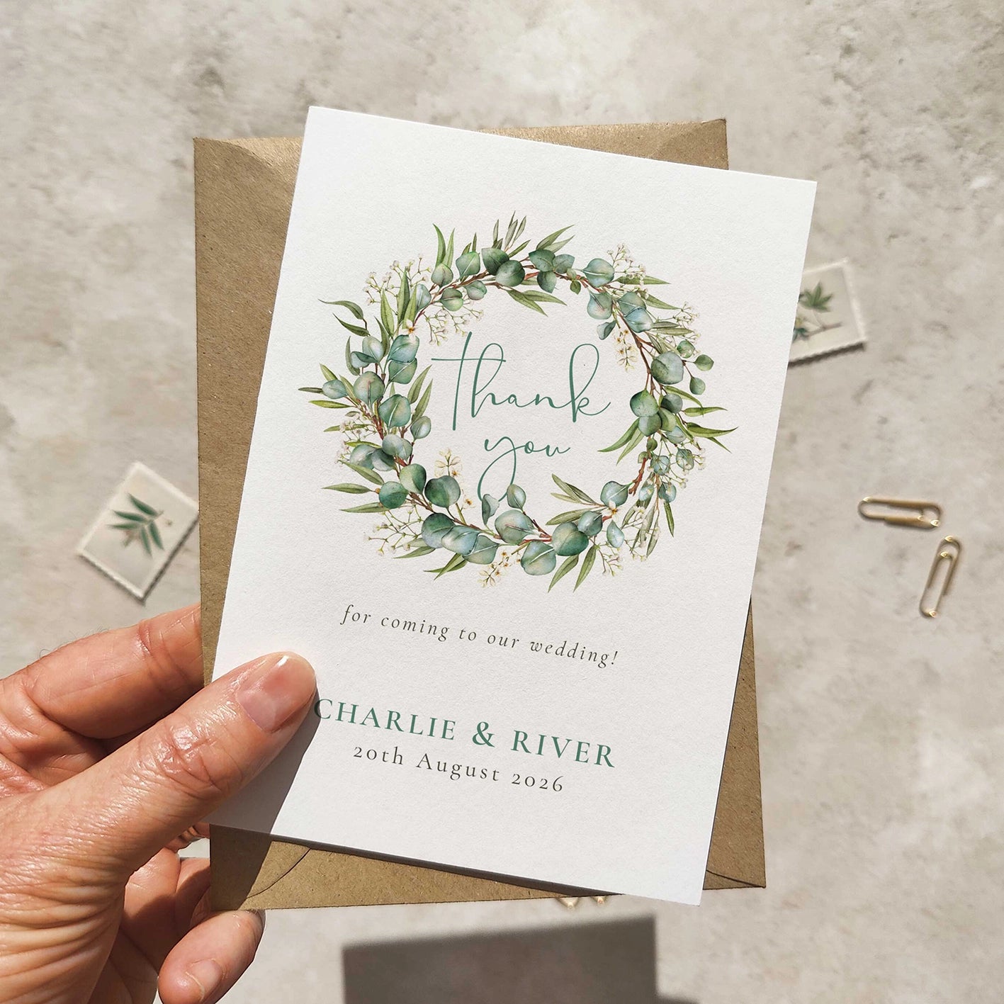Eucalyptus and Gypsophila Personalised Thank You Cards
