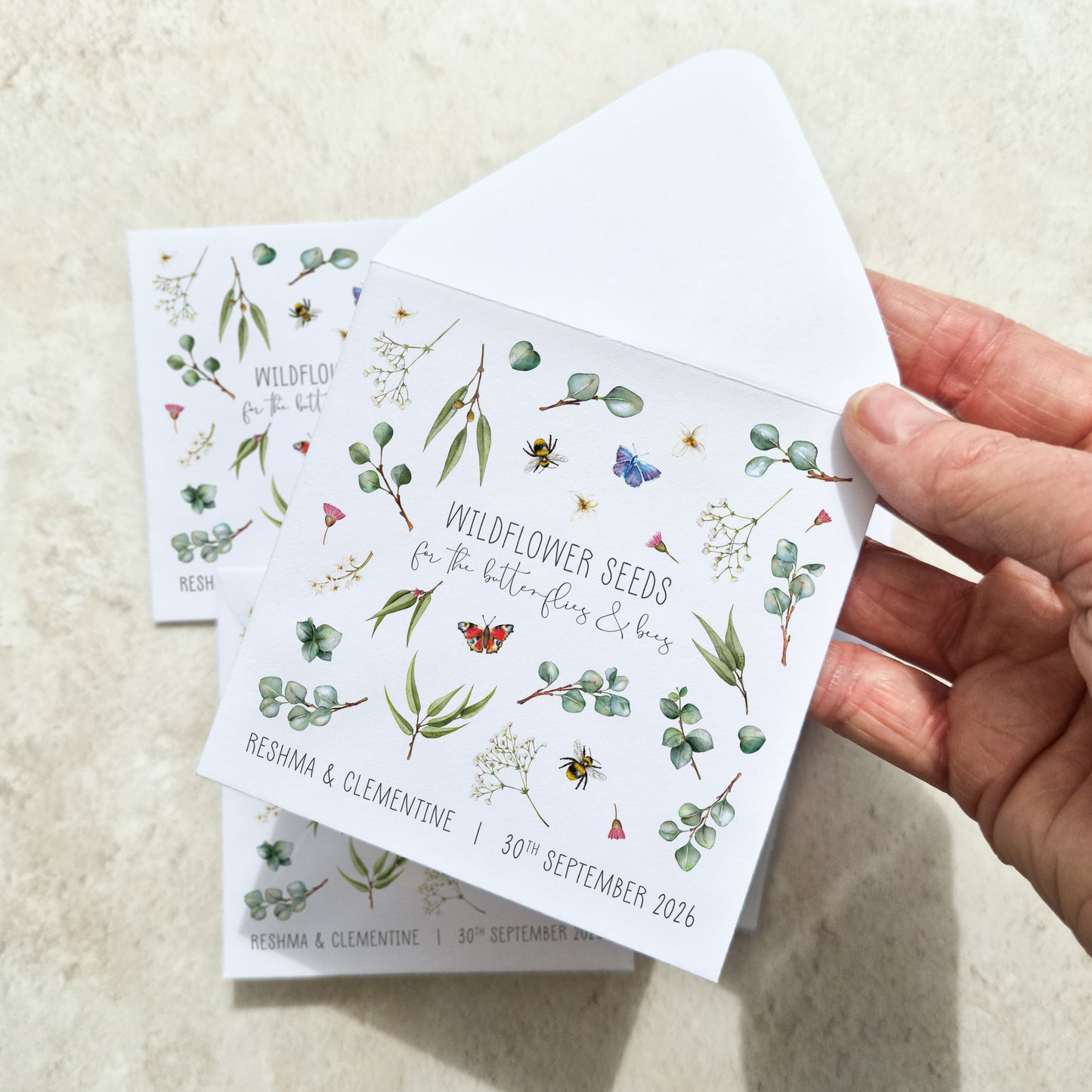 Eucalyptus Greenery and Gypsophila Wildflowers Seed Packet Favours (Butterflies and bees) (Pack of 10)