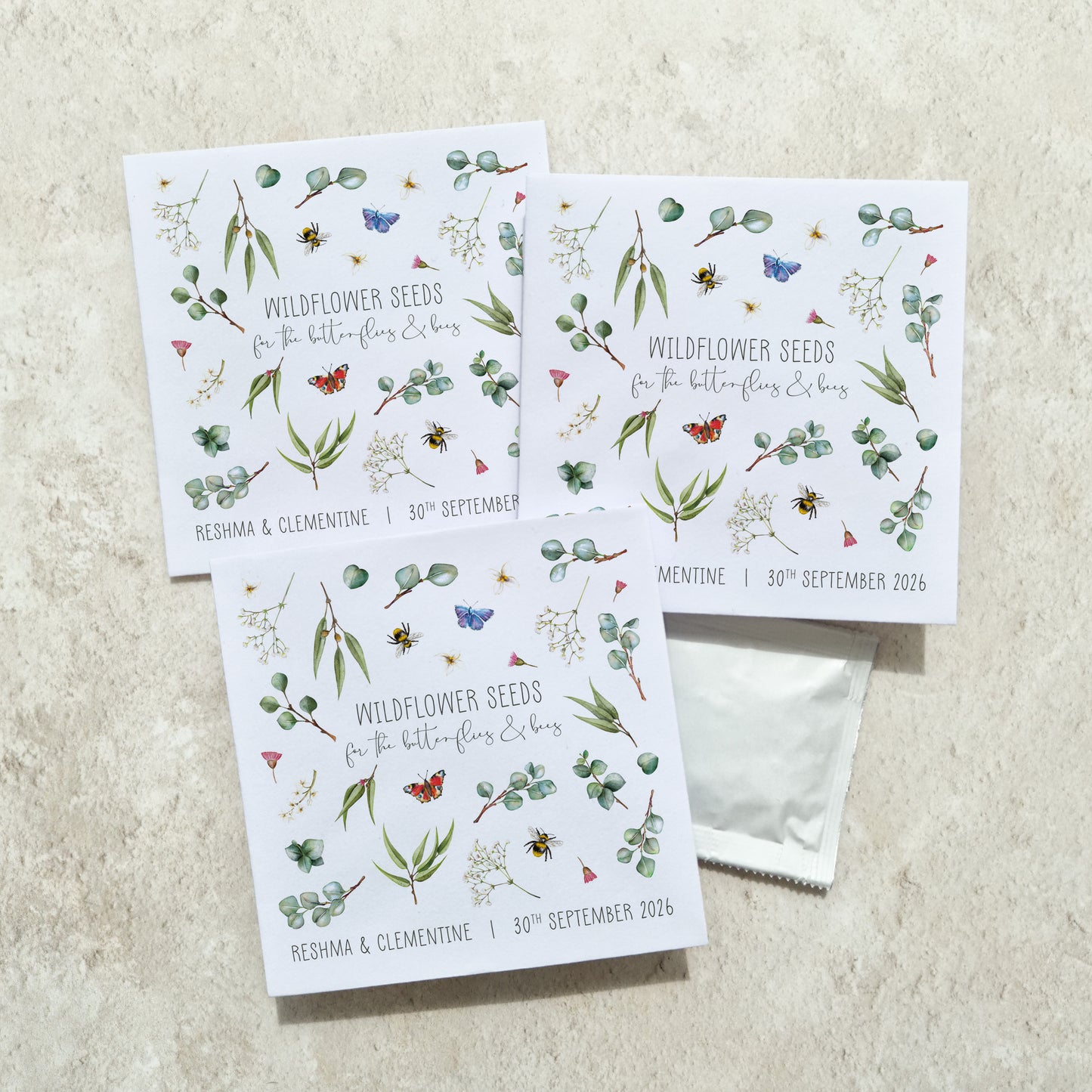 Eucalyptus Greenery and Gypsophila Wildflowers Seed Packet Favours (Butterflies and bees) (Pack of 10)