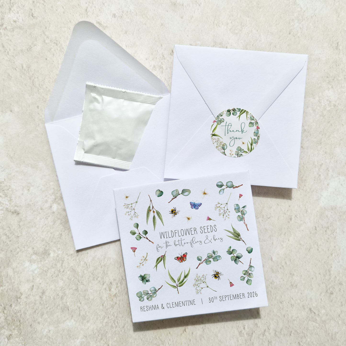 Eucalyptus Greenery and Gypsophila Wildflowers Seed Packet Favours (Butterflies and bees) (Pack of 10)