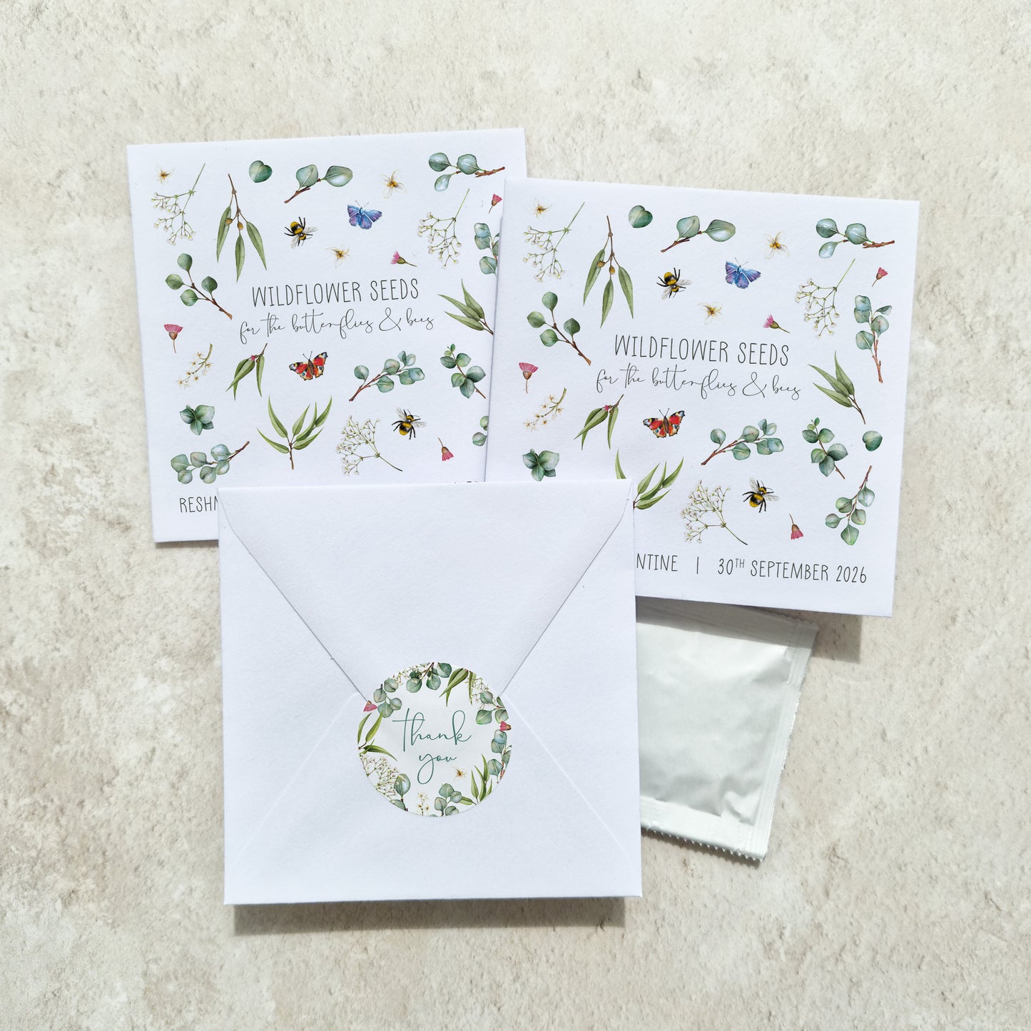 Eucalyptus Greenery and Gypsophila Wildflowers Seed Packet Favours (Butterflies and bees) (Pack of 10)