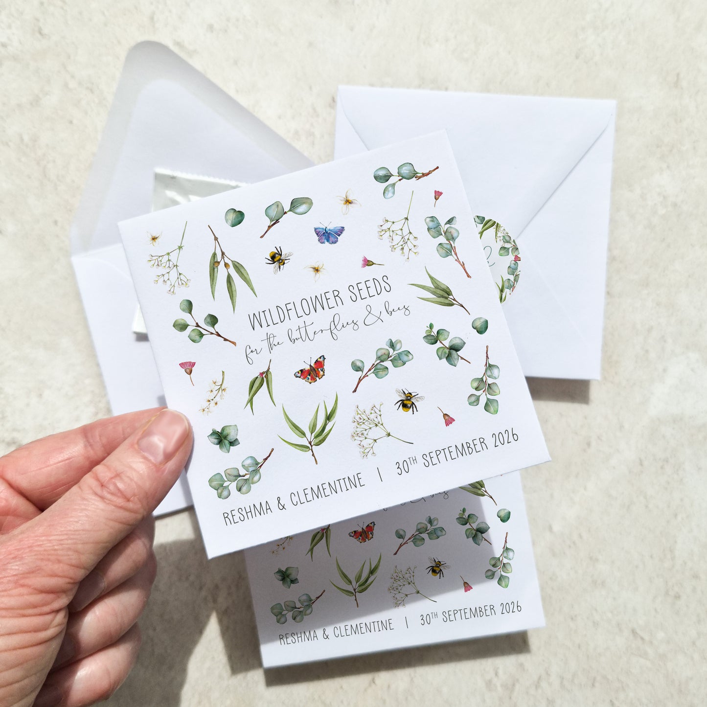 Eucalyptus Greenery and Gypsophila Wildflowers Seed Packet Favours (Butterflies and bees) (Pack of 10)