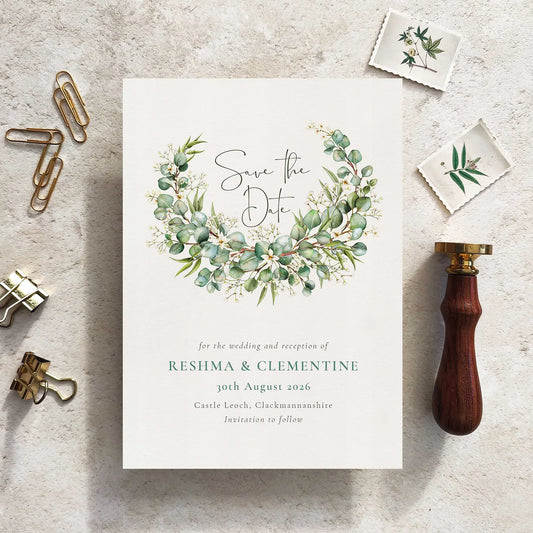 Eucalyptus and Gypsophila  Save The Date Card