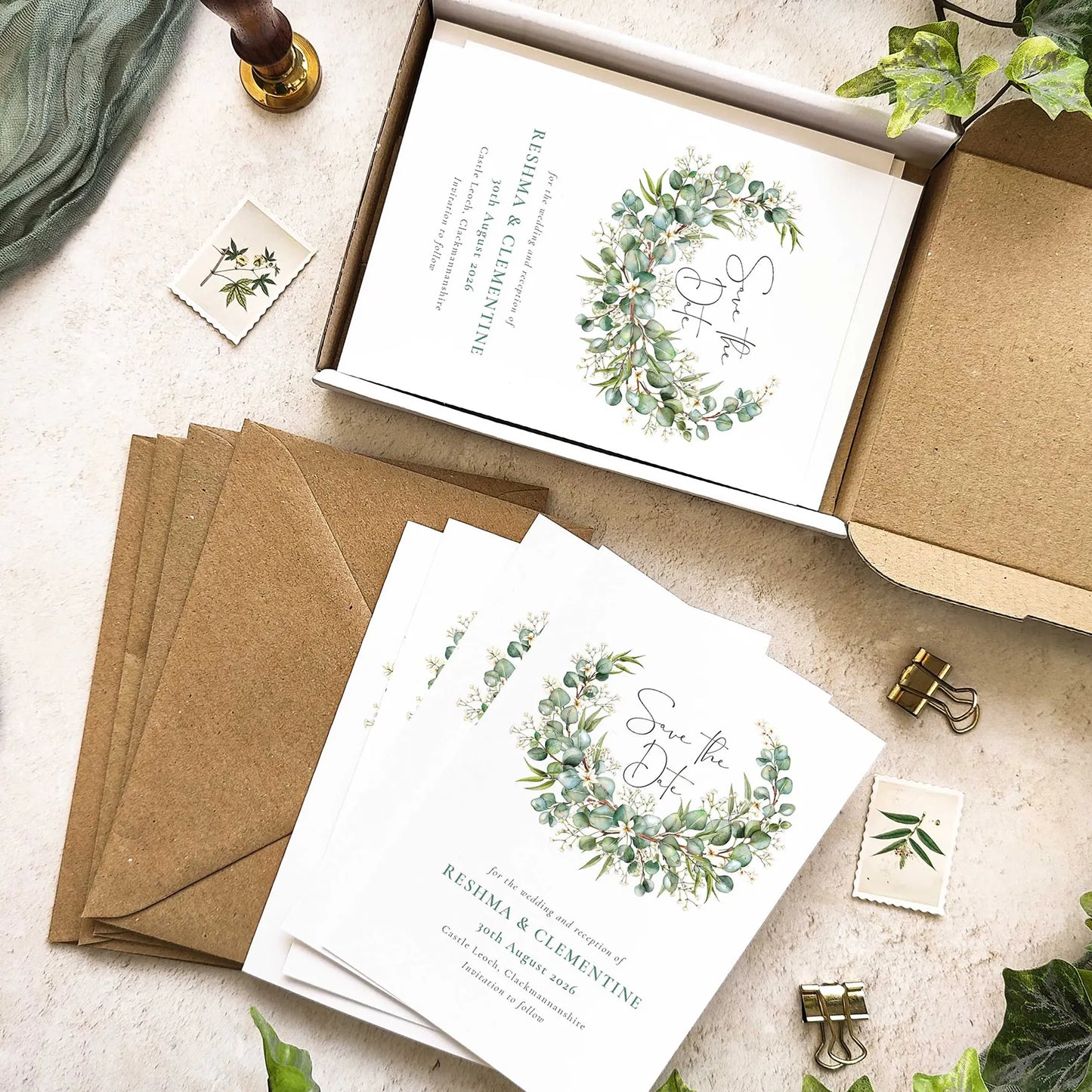 Eucalyptus and Gypsophila  Save The Date Card