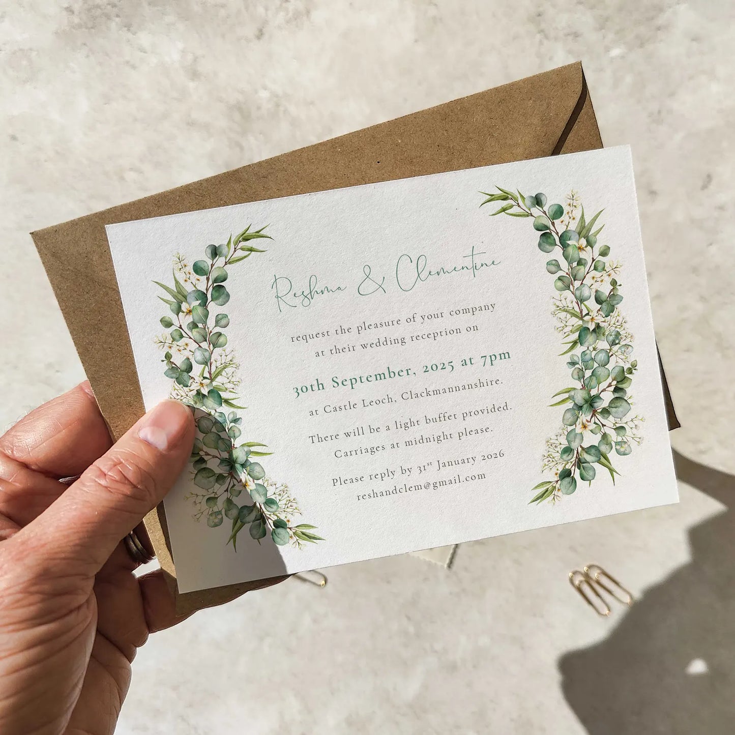 Eucalyptus and Gypsophila Evening Invitation