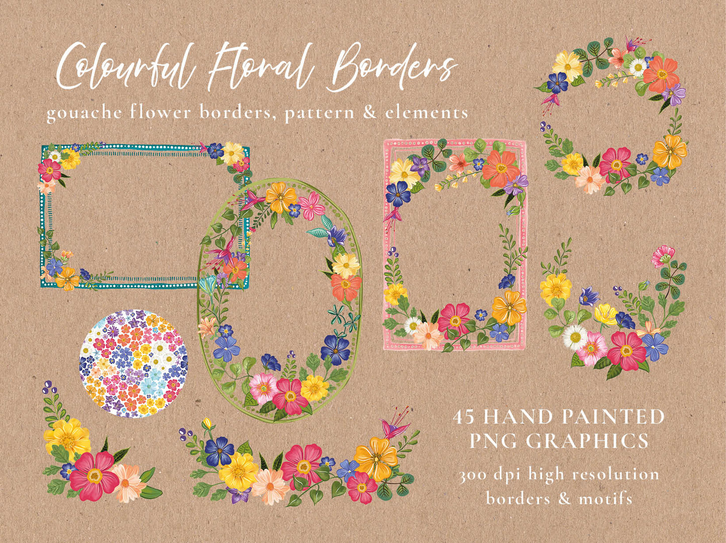 Colourful Flowers 45 x Digital PNG Floral Borders and Motifs