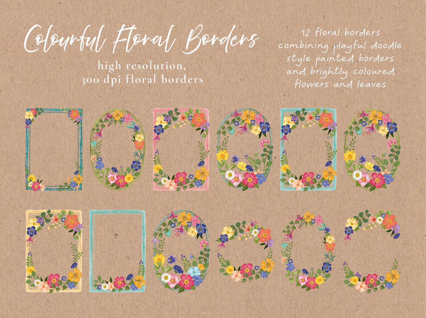 Colourful Flowers 45 x Digital PNG Floral Borders and Motifs