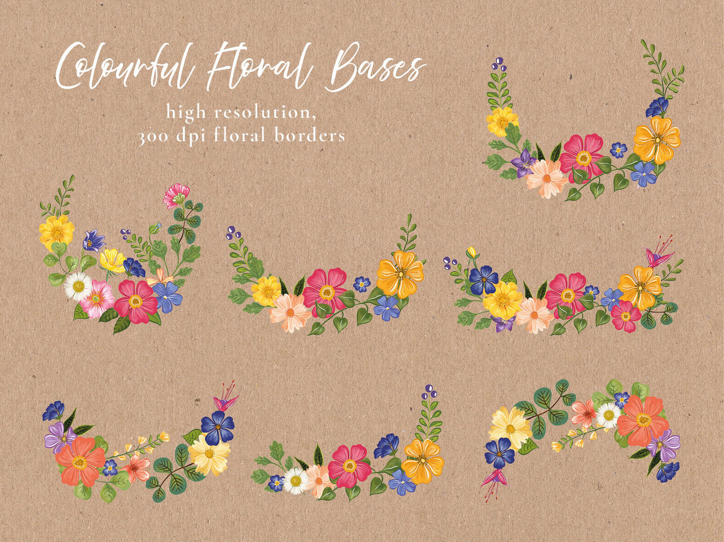Colourful Flowers 45 x Digital PNG Floral Borders and Motifs