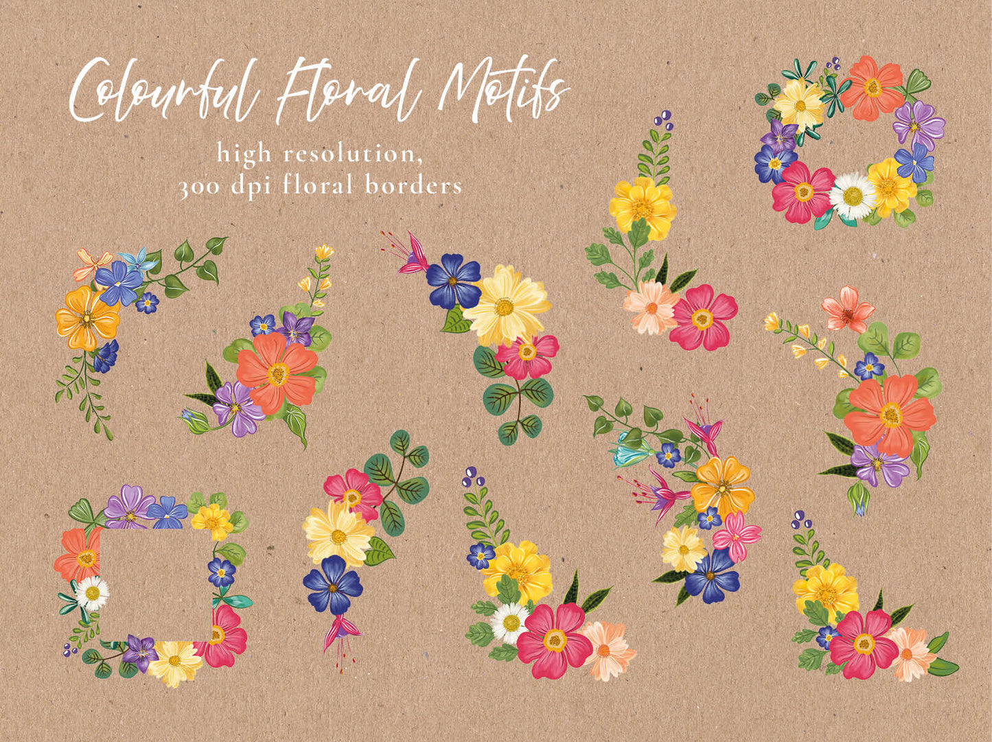 Colourful Flowers 45 x Digital PNG Floral Borders and Motifs