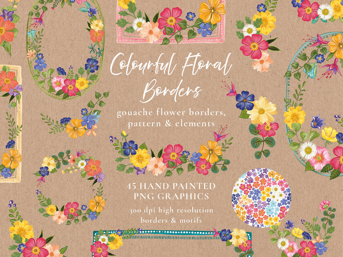Colourful Flowers 45 x Digital PNG Floral Borders and Motifs