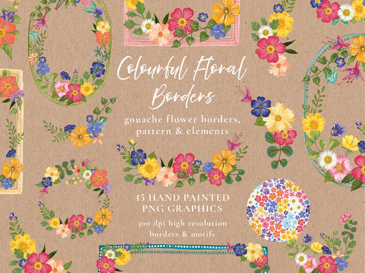 Colourful Flowers 45 x Digital PNG Floral Borders and Motifs