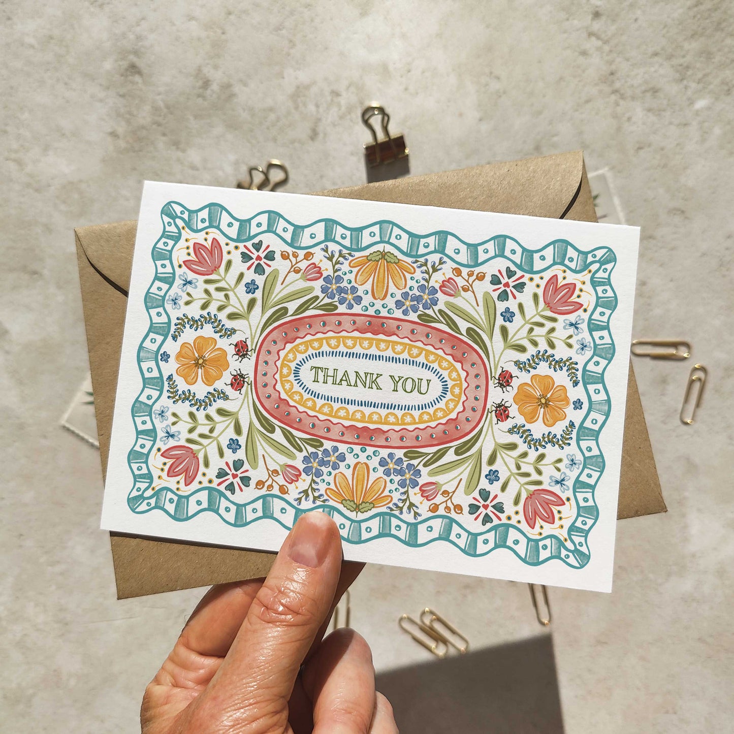 Folk Style Folded Thank You Cards & Envelopes