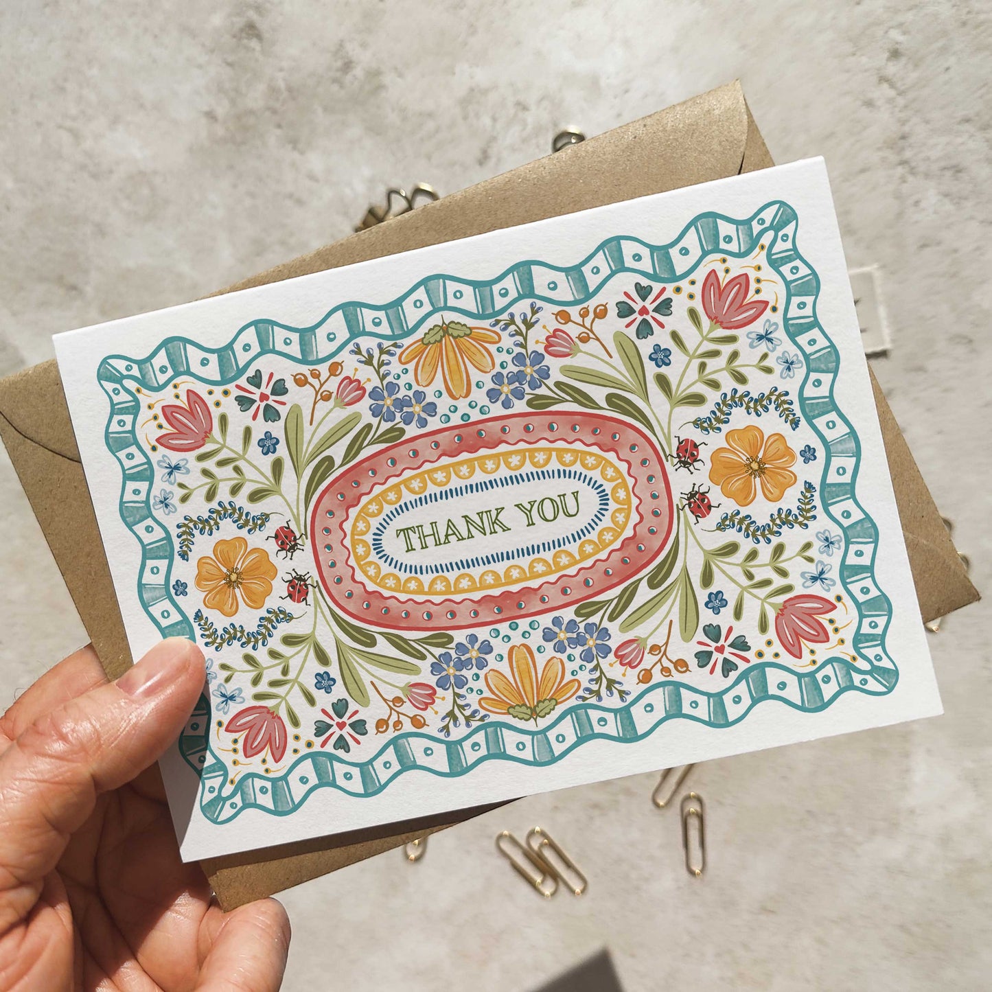 Folk Style Folded Thank You Cards & Envelopes