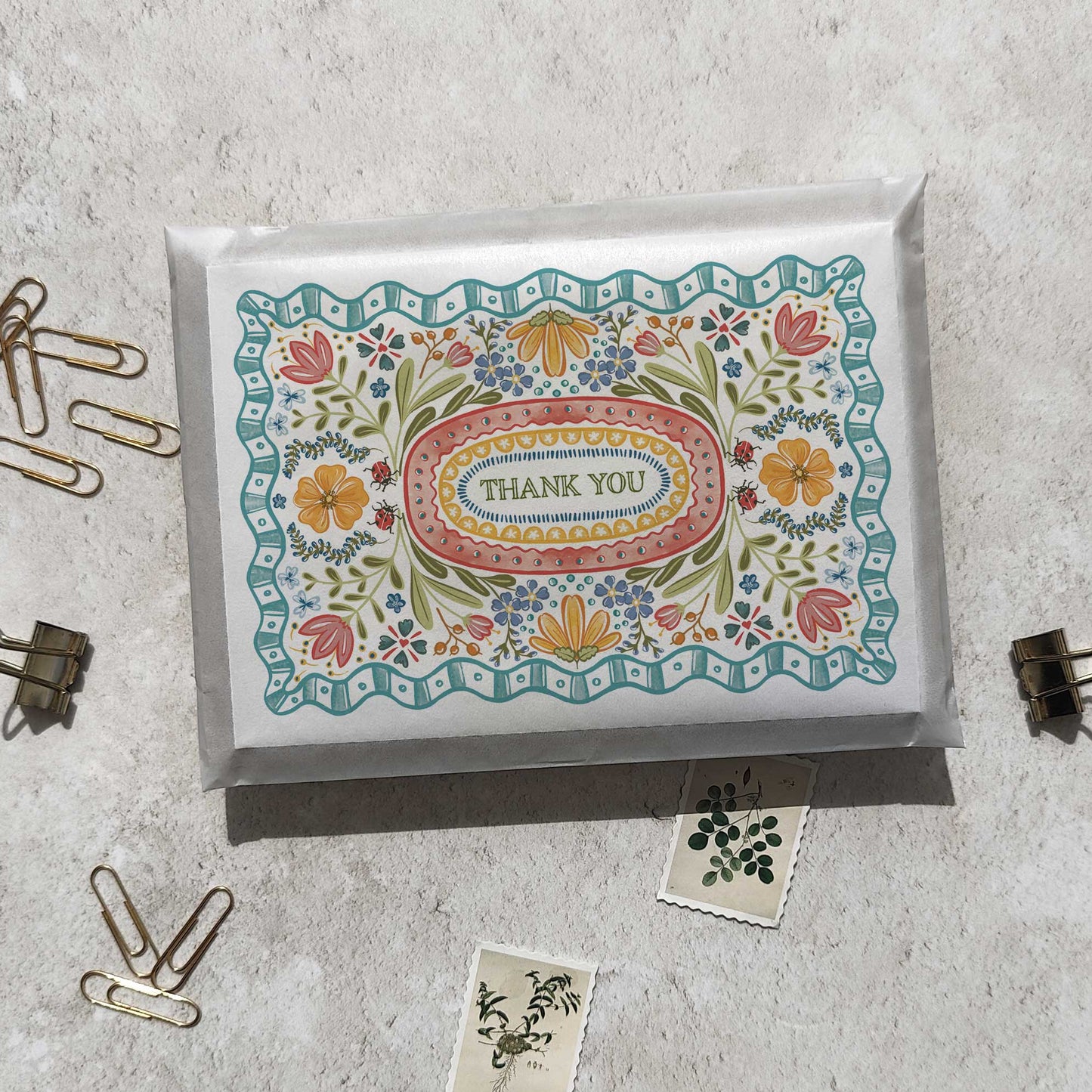 Folk Style Folded Thank You Cards & Envelopes