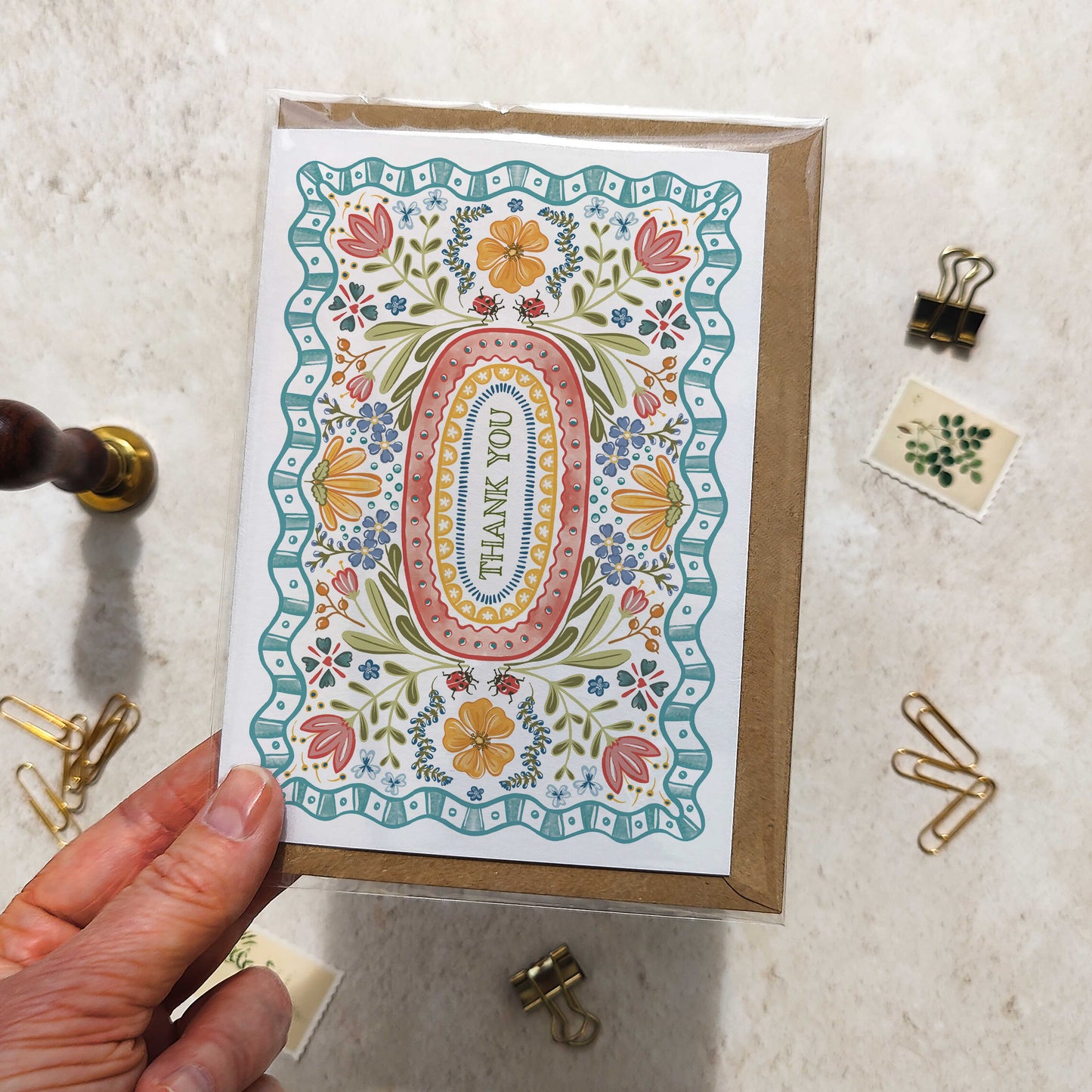 Folk Style Folded Thank You Cards & Envelopes
