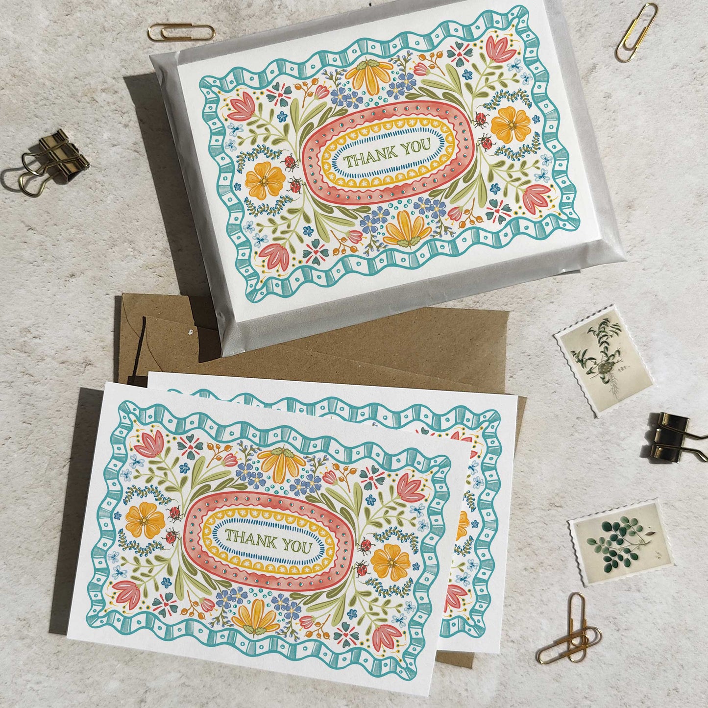 Folk Style Folded Thank You Cards & Envelopes