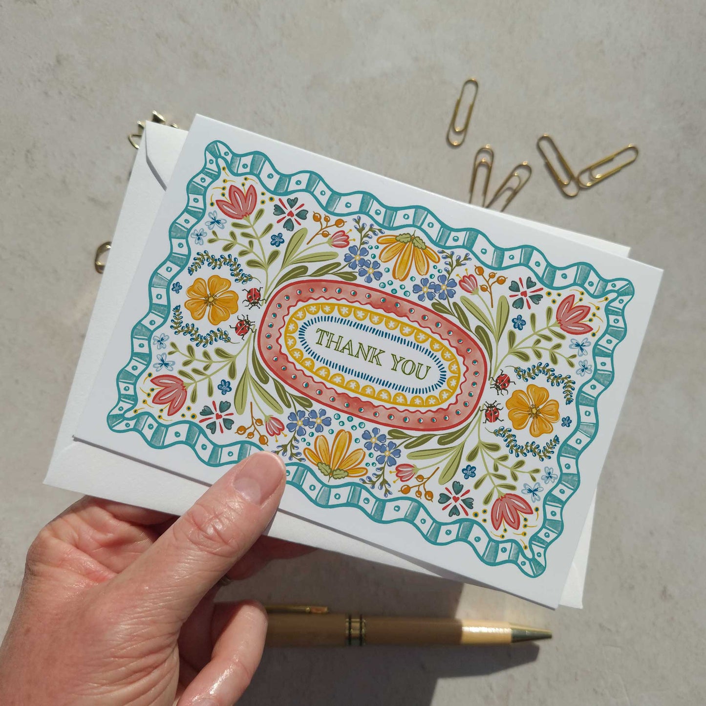 Folk Style Folded Thank You Cards & Envelopes