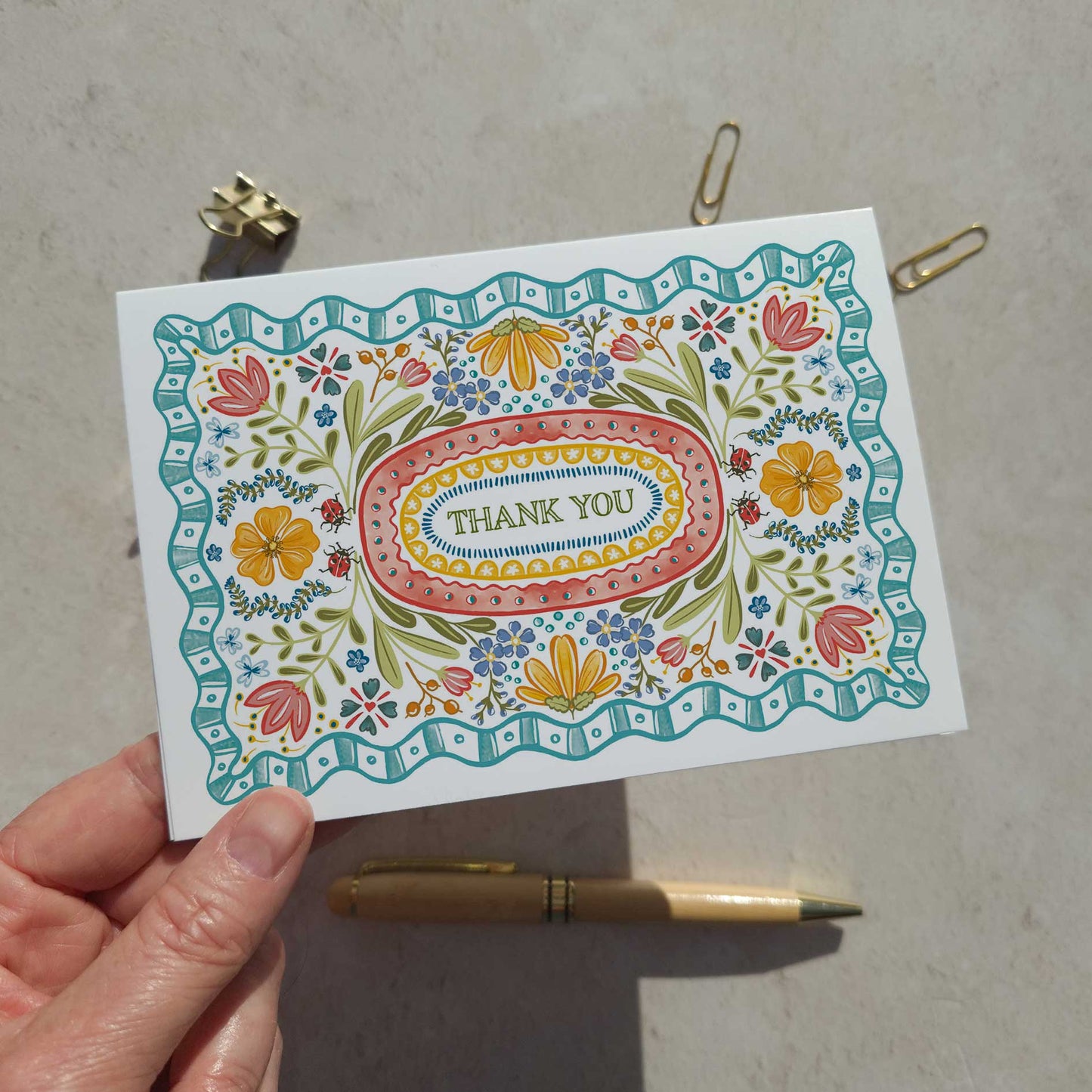 Folk Style Folded Thank You Cards & Envelopes