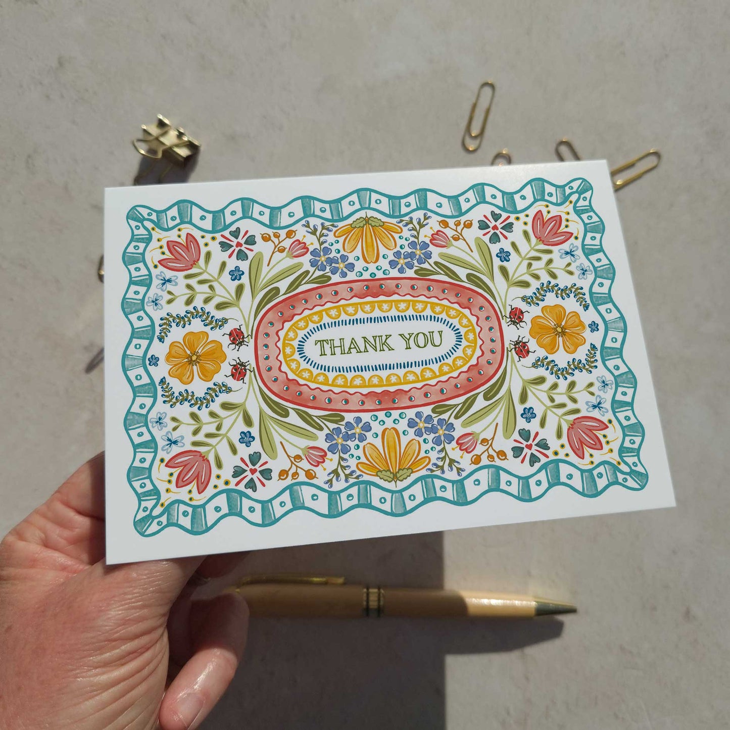 Folk Style Folded Thank You Cards & Envelopes