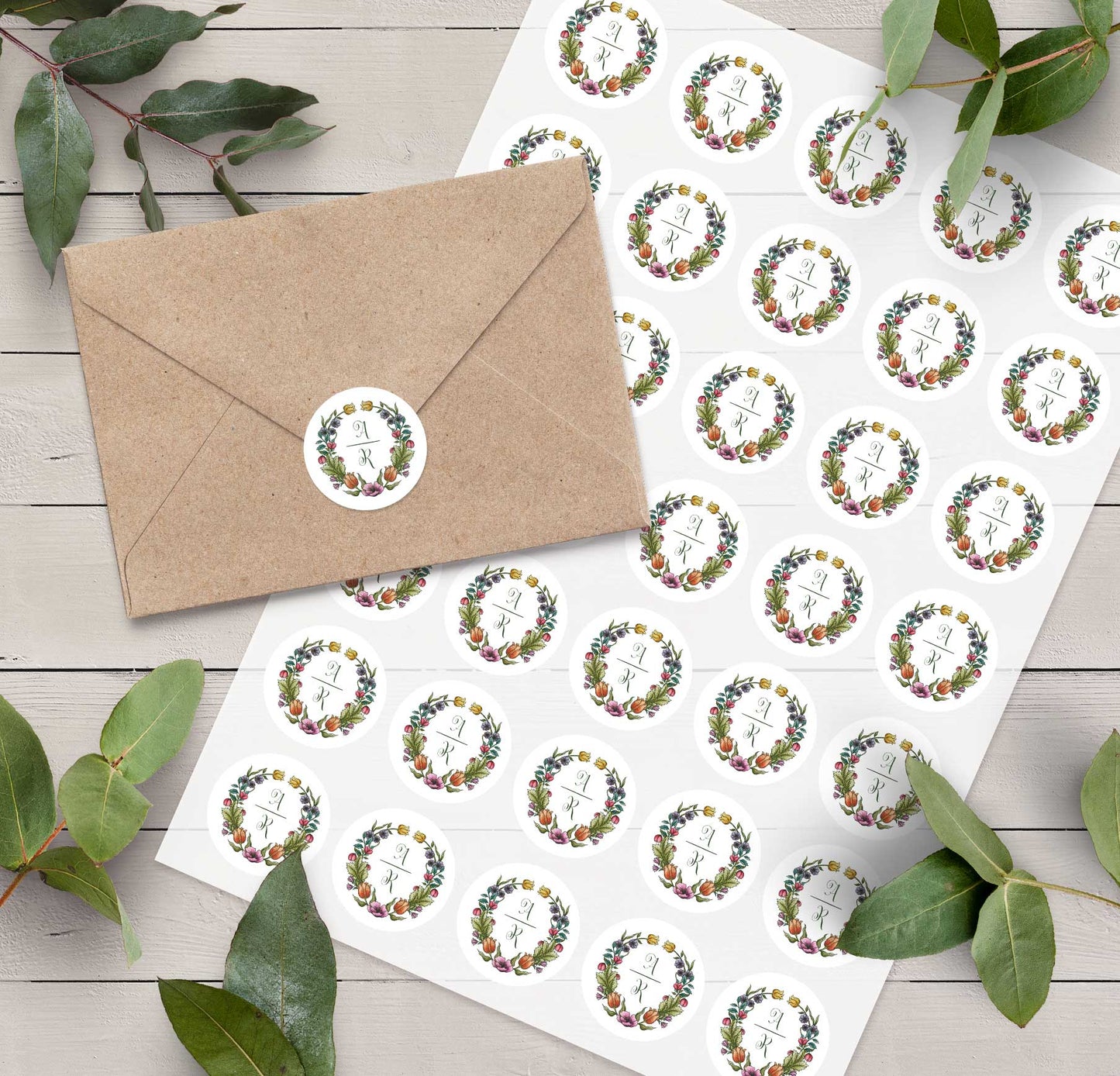 Folk Floral Personalised Initials Stickers (35 stickers)
