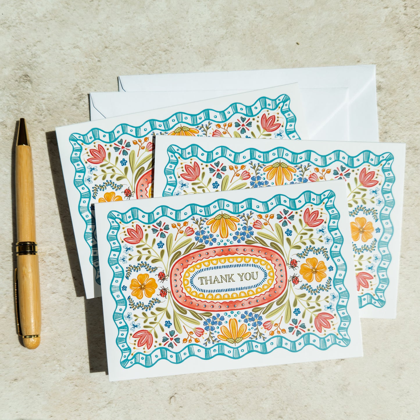 Folk Style Folded Thank You Cards & Envelopes