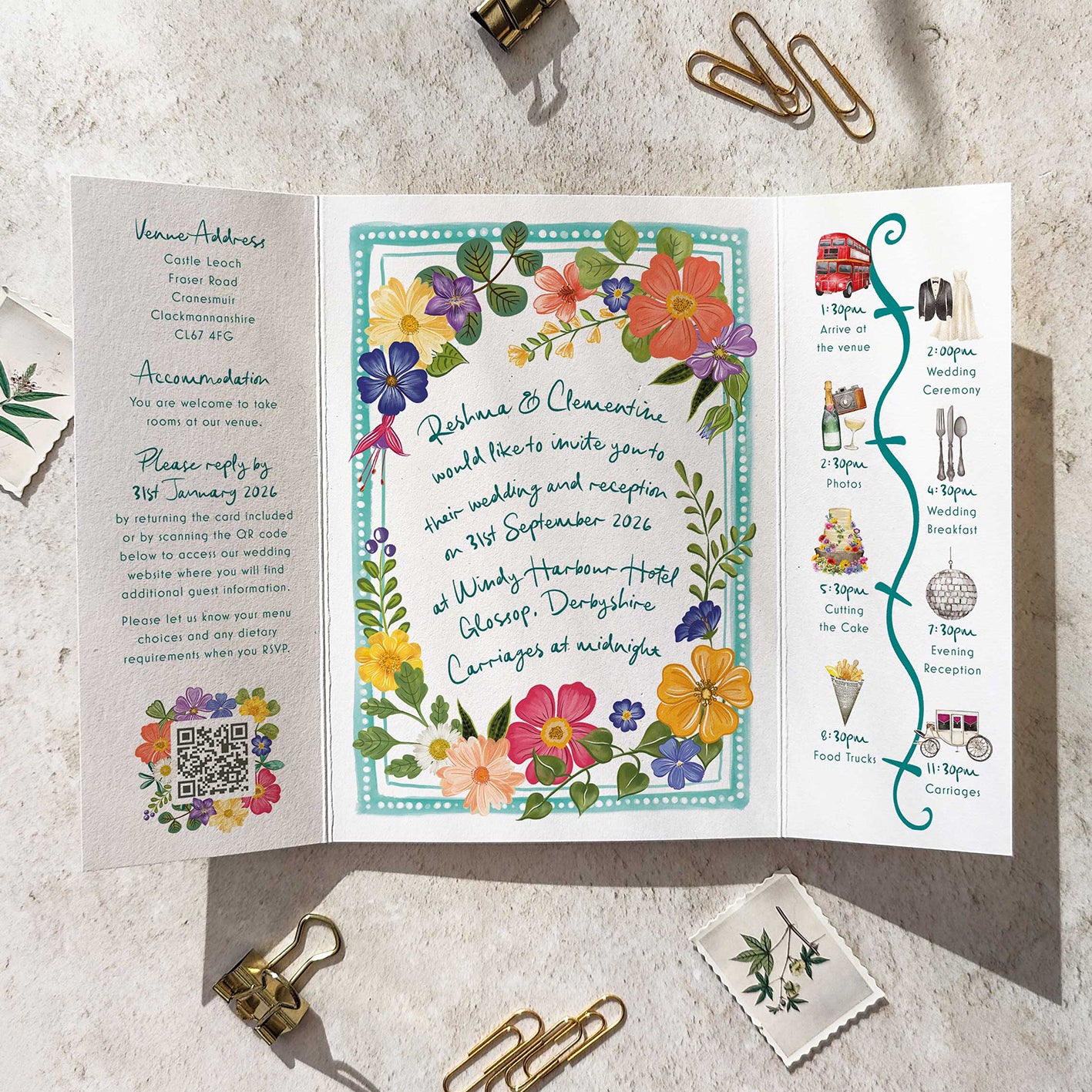 Bright and Colourful Festive Floral Gatefold 5x7 Wedding Invitation