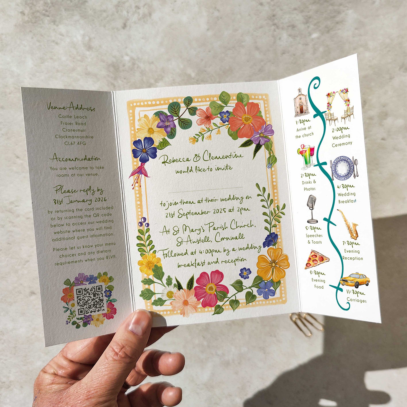 Bright and Colourful Festive Floral Gatefold 5x7 Wedding Invitation