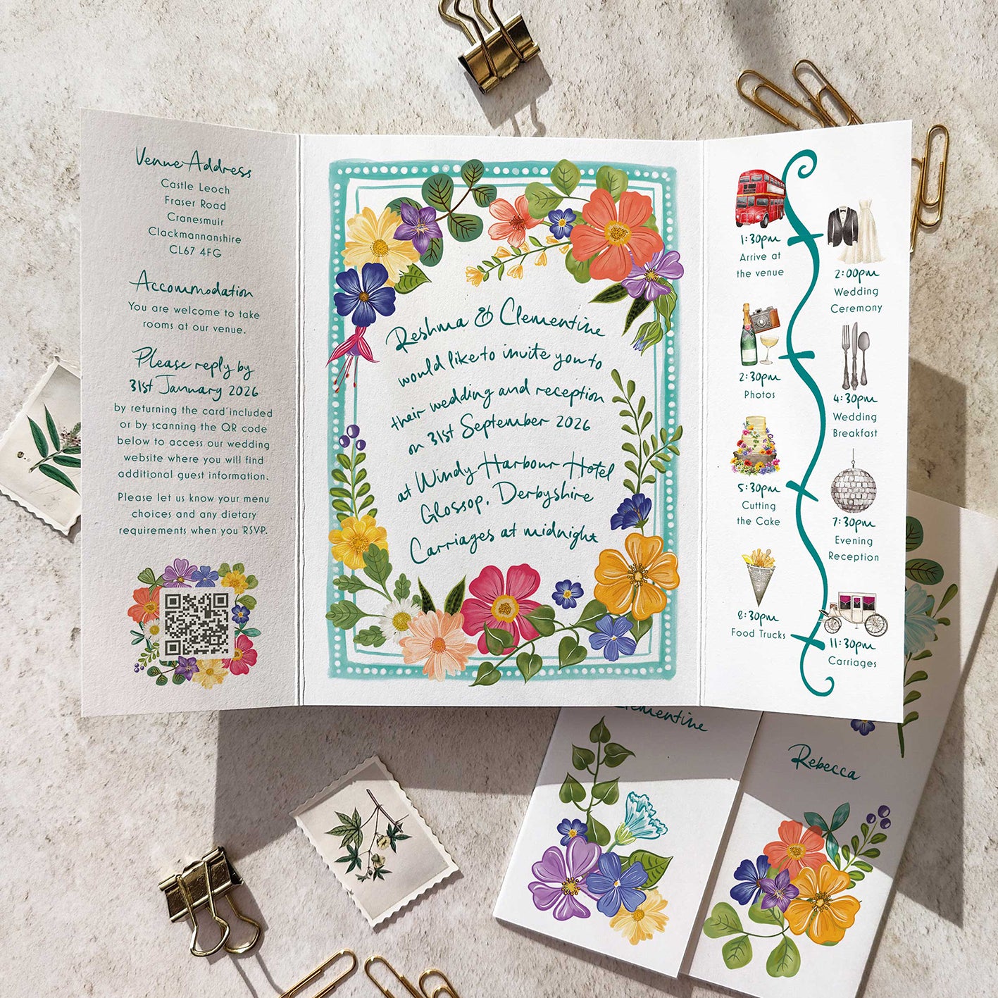 Bright and Colourful Festive Floral Gatefold 5x7 Wedding Invitation