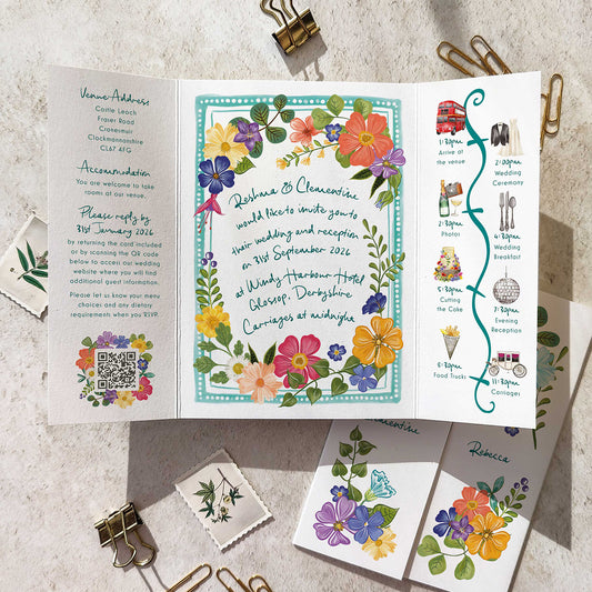 Bright and Colourful Festive Floral Gatefold 5x7 Wedding Invitation