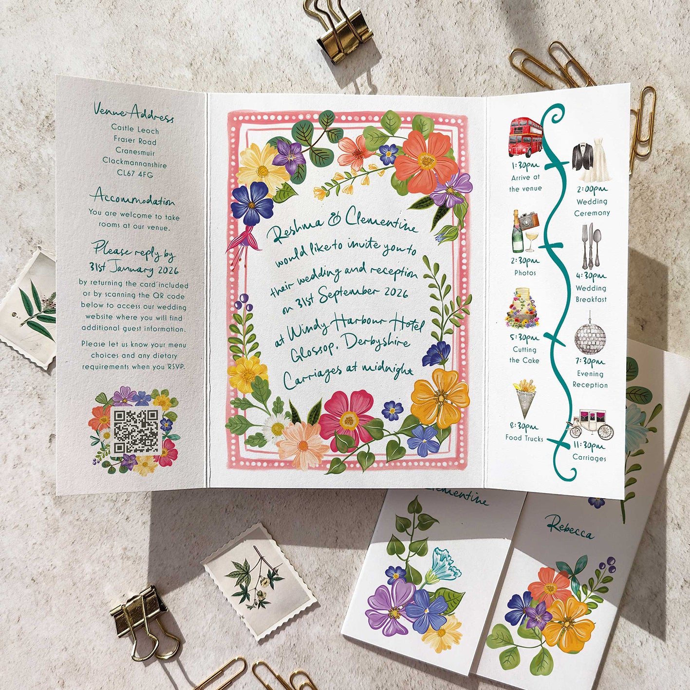 Bright and Colourful Festive Floral Gatefold 5x7 Wedding Invitation
