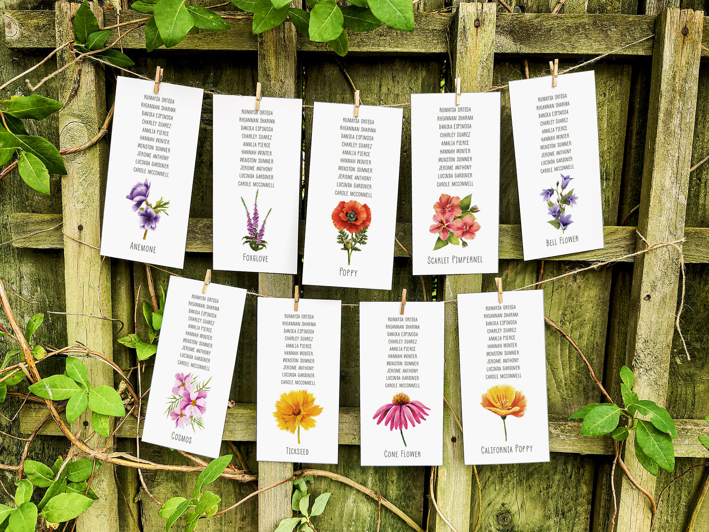 Colourful Flowers Hanging Table Plan Cards