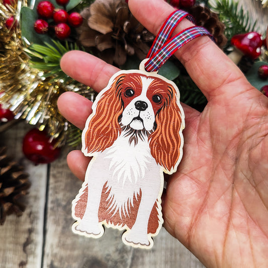King Charles Spaniel Dog Hanging Wooden Christmas Tree Ornament