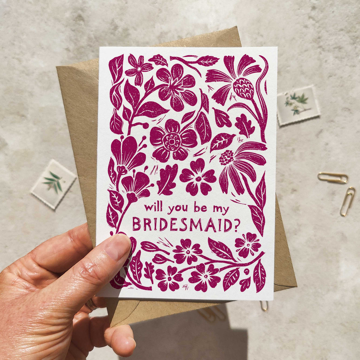 Linocut Floral Bridesmaid Cards