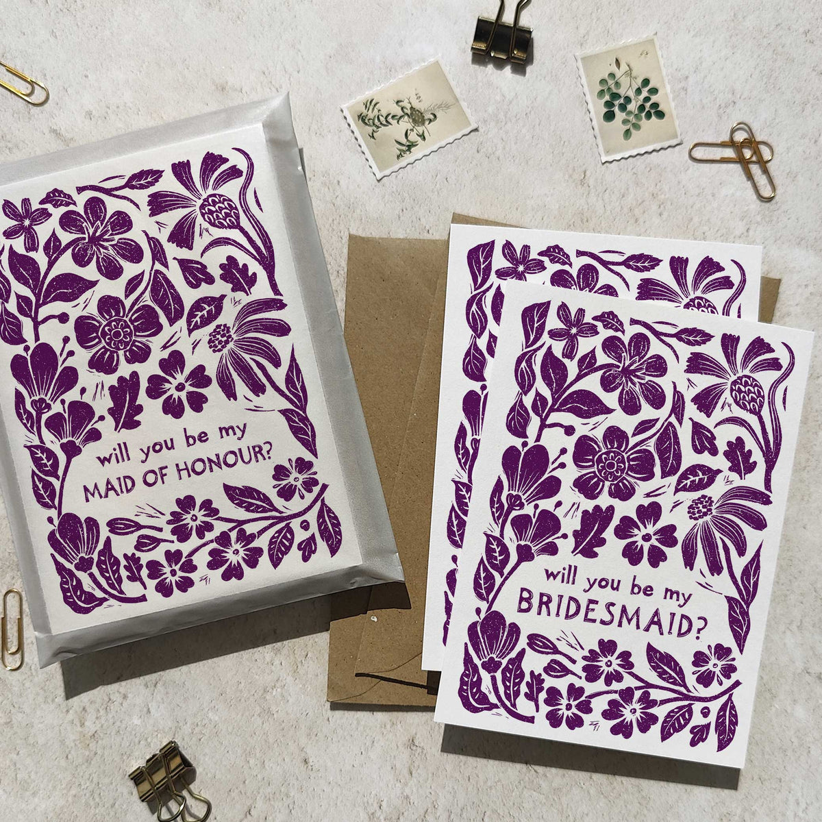 Linocut Floral Bridesmaid Cards
