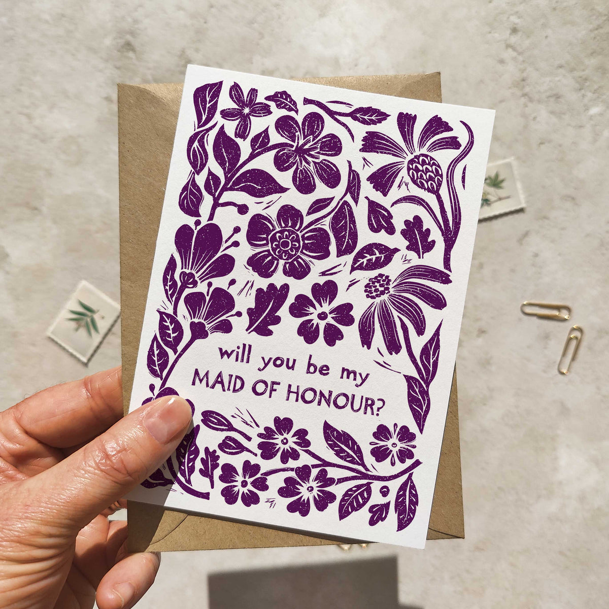 Linocut Floral Bridesmaid Cards