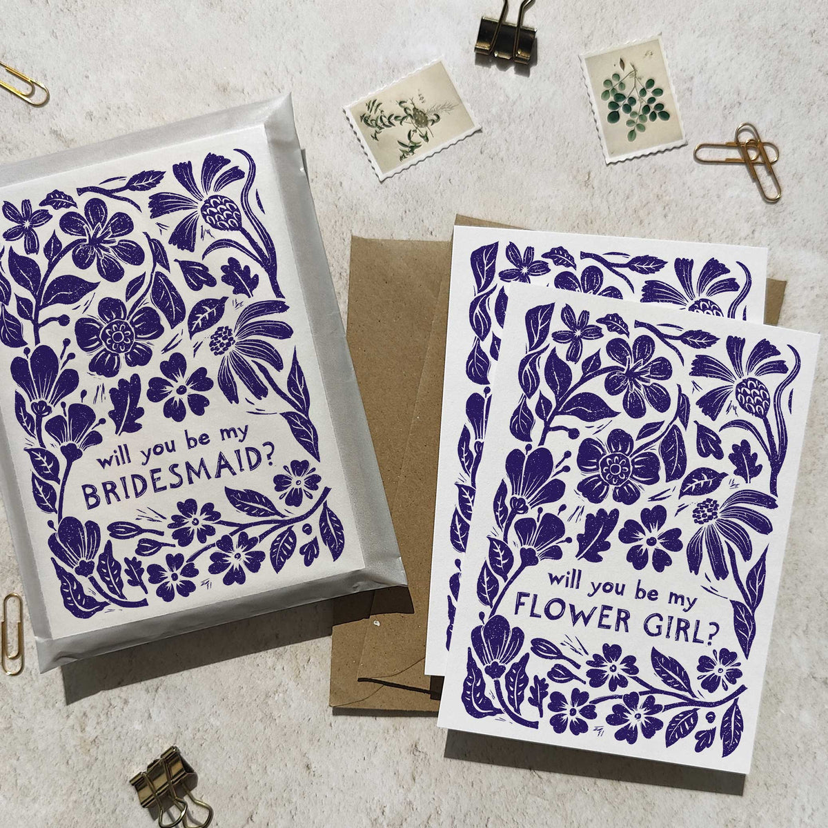 Linocut Floral Bridesmaid Cards