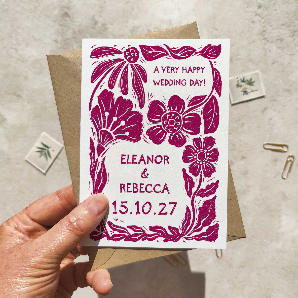 Linocut Botanical Personalised Wedding Card