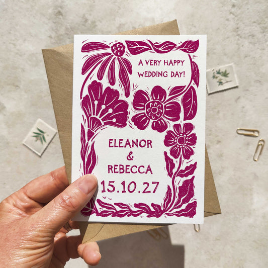 Linocut Botanical Personalised Wedding Card