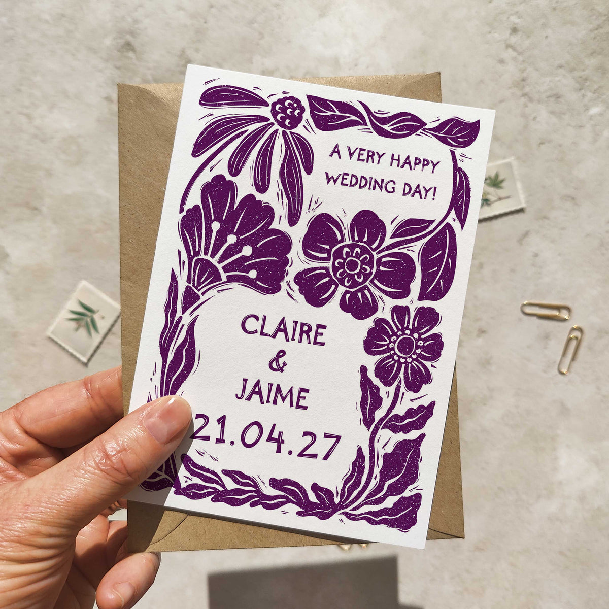 Linocut Botanical Personalised Wedding Card