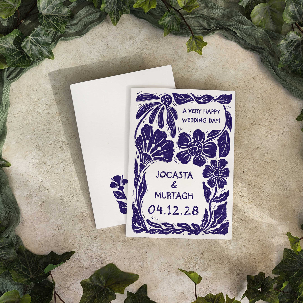Linocut Botanical Personalised Wedding Card