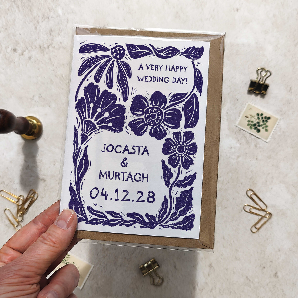 Linocut Botanical Personalised Wedding Card