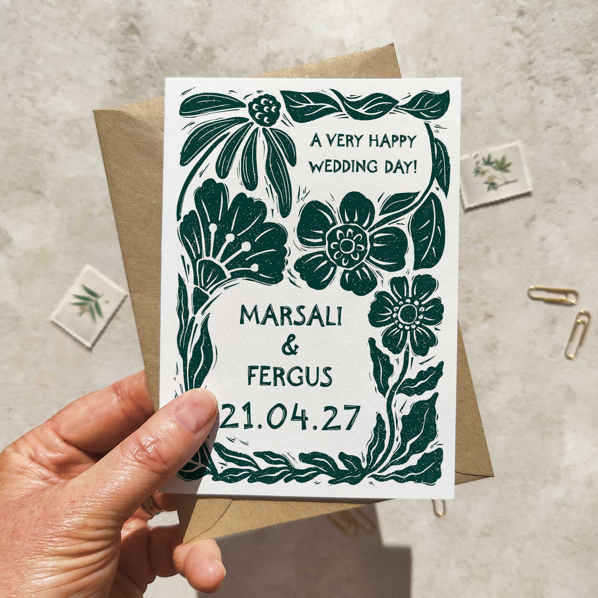 Linocut Botanical Personalised Wedding Card