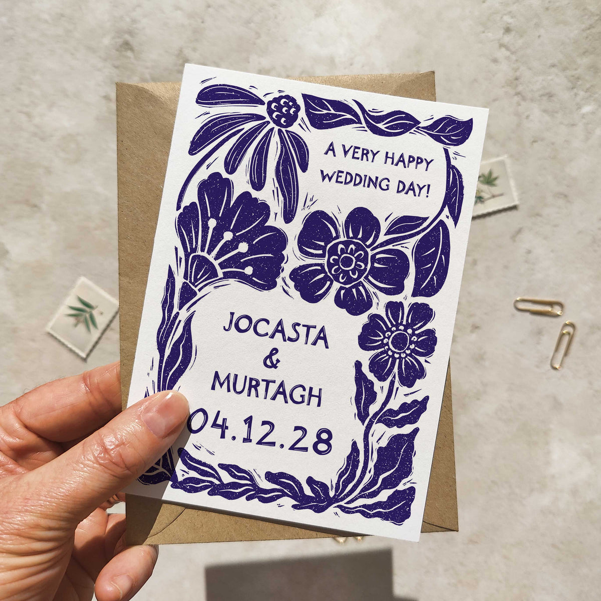 Linocut Botanical Personalised Wedding Card