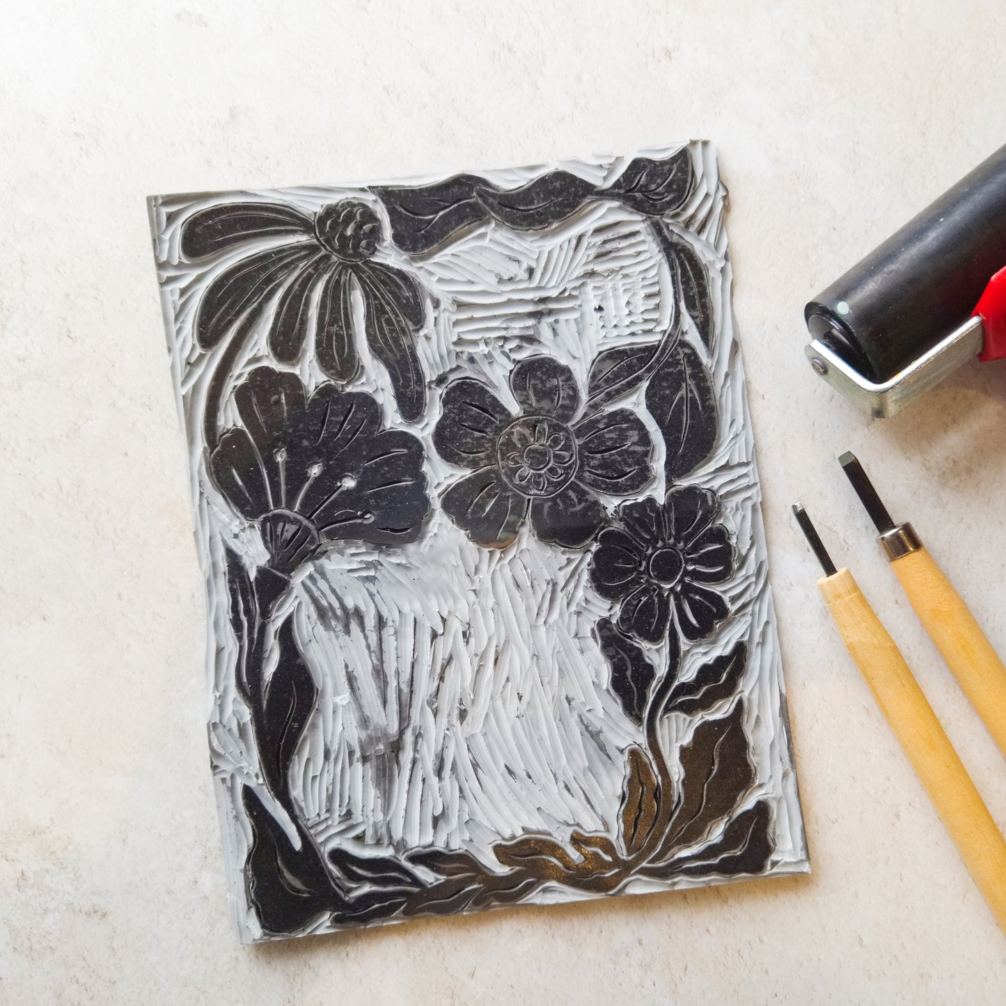Carved Blooms Linocut Concertina Invitation