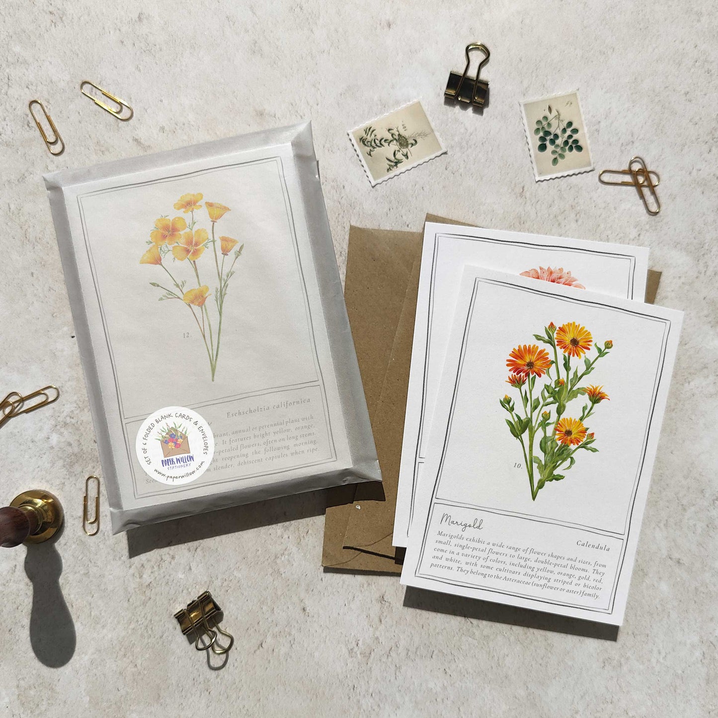 Set of 6 Wildflower Pink, Yellow & Orange Note Cards & Envelopes