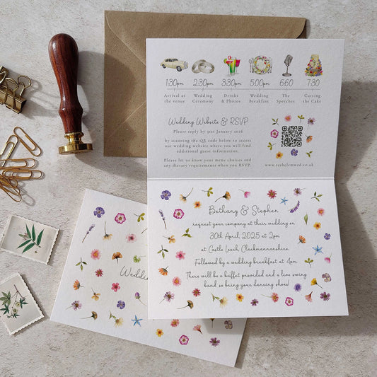 Wedding invitation card with floral design on a textured surface with stationery items.