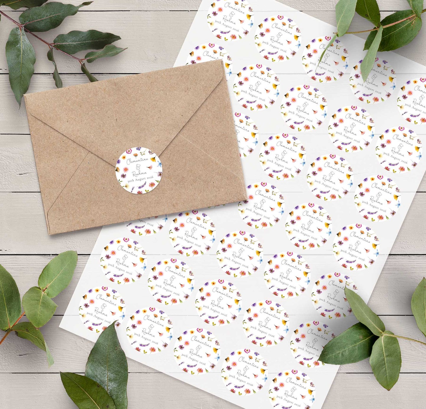 Pressed Wildflowers Personalised Name and Date Stickers (35 stickers)